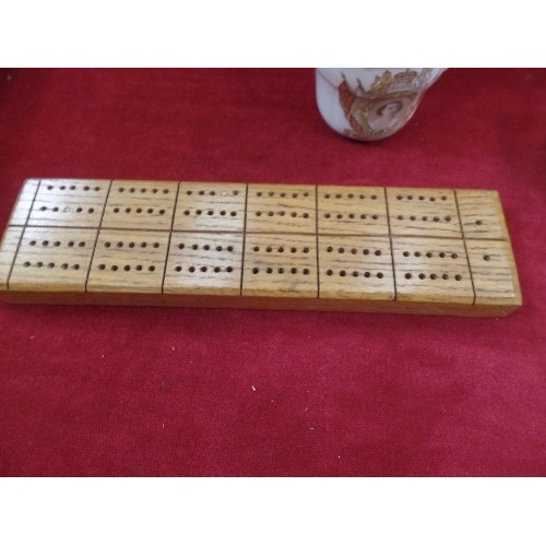 362 - VINTAGE DOMINOES IN HANDMADE WOODEN BOX/SLIDE LID. ANOTHER FEW CONTAINED IN A COMMEMORATIVE QEII CUP... 