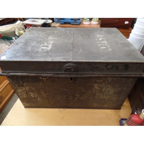 373 - 2 SMALL VINTAGE METAL TRUNKS (DEED / STRONG BOXES), AND A METAL BOX. LARGEST IS APPROX 37CM W.