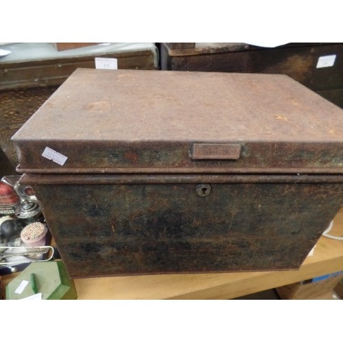 373 - 2 SMALL VINTAGE METAL TRUNKS (DEED / STRONG BOXES), AND A METAL BOX. LARGEST IS APPROX 37CM W.