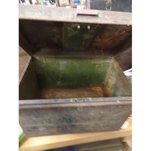 373 - 2 SMALL VINTAGE METAL TRUNKS (DEED / STRONG BOXES), AND A METAL BOX. LARGEST IS APPROX 37CM W.