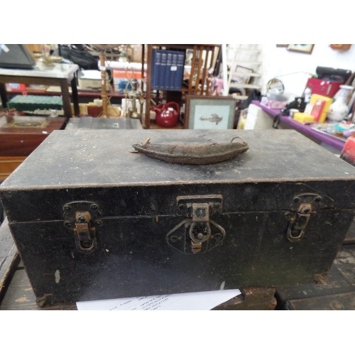 373 - 2 SMALL VINTAGE METAL TRUNKS (DEED / STRONG BOXES), AND A METAL BOX. LARGEST IS APPROX 37CM W.