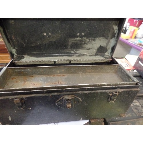 373 - 2 SMALL VINTAGE METAL TRUNKS (DEED / STRONG BOXES), AND A METAL BOX. LARGEST IS APPROX 37CM W.