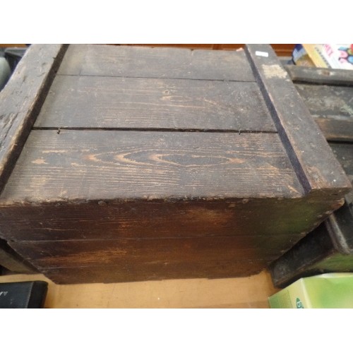 379 - CRUDELY MADE VINTAGE WOODEN STORAGE BOX/SEAT. 44CM.W. HINGED LID.