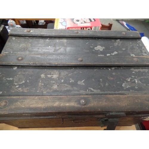 383 - VINTAGE METAL CHEST, HINGED LID STRENGTHENED BY WOODEN STRAPS. HEAVY & STRONG. APPROX 60CM.W