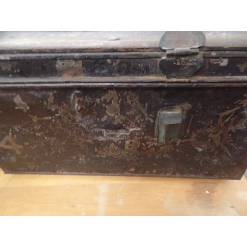 383 - VINTAGE METAL CHEST, HINGED LID STRENGTHENED BY WOODEN STRAPS. HEAVY & STRONG. APPROX 60CM.W