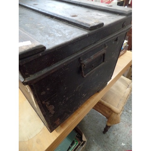 383 - VINTAGE METAL CHEST, HINGED LID STRENGTHENED BY WOODEN STRAPS. HEAVY & STRONG. APPROX 60CM.W