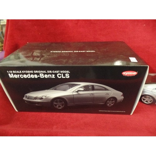 394 - GOOD QUALITY SILVER MERCEDES-BENZ CLS, KYOSHO ORIGINAL DIE-CAST MODEL. 1:18 SCALE. VGC IN ORIGINAL B... 