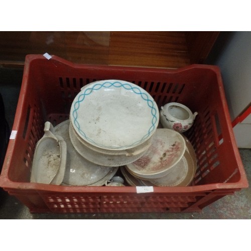 465 - CRATE OF VINTAGE CROCKERY, LIDDED TUREENS ETC.