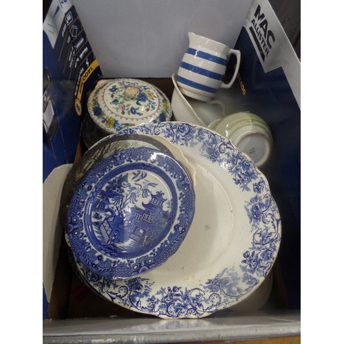 466 - LARGE BOX OF VINTAGE CROCKERY. INC CORNISHWARE BLUE STRIPED JUG , A PAIR OF ROYAL DOULTON ART DECO C... 