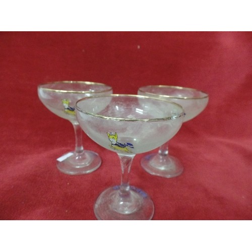 4 - 3 BABYCHAM GLASSES AND 2 BABYCHAM VINTAGE ADVERTISING FAWN AND DEER FIGURES