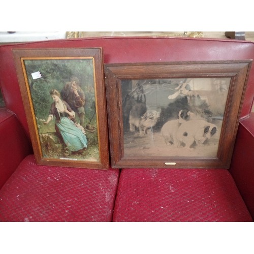 582 - TWO EDWARDIAN PRINTS IN OAK FRAMES INCLUDING  A PRINT WITH PUPPIES AND A CAT BY LILIAN CHEVIOT (1876... 