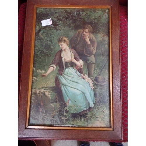 582 - TWO EDWARDIAN PRINTS IN OAK FRAMES INCLUDING  A PRINT WITH PUPPIES AND A CAT BY LILIAN CHEVIOT (1876... 