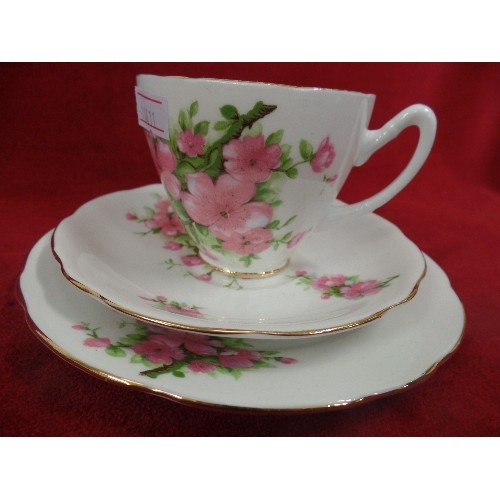 404 - PRETTY VINTAGE TEA SET. 11 X TRIOS [1 CUP MISSING] CAKE PLATE. PINK FLOWERS AND GOLD TRIM.