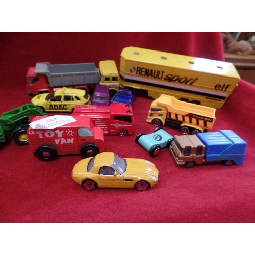 423 - 2 BOXES OF MATCHBOX, MOTORMAX ETC MODEL CARS, TRUCKS, LORRIES. INC CORGI BLACK CAB.