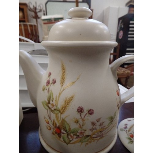 433 - RETRO MARKS & SPENCER 'HARVEST 1418'CROCKERY SET. INC LARGE TEAPOT, 3 CANNISTERS, CANDLSTICK, PAIR O... 