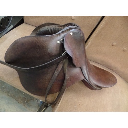 448 - VINTAGE LEATHER SADDLE, BRASS STIRRUPS ETC.