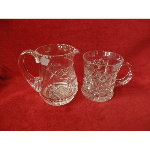 453 - HEAVY CUT-GLASS JUG, AND TANKARD.