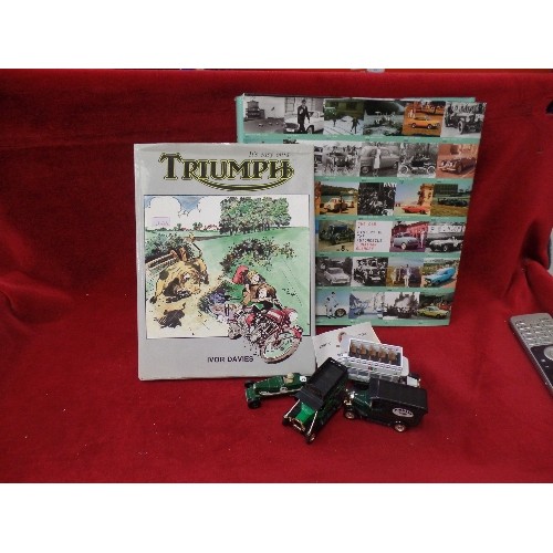 464 - 4 LLEDO & OTHER SCALE MODELS, CARS/TRUCKS ETC. ALSO 2 BOOKS 'IT'S EASY ON A TRIUMPH' & A HISTORY OF ... 