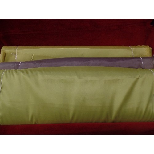 478 - 3 LARGE ROLLS OF DRESS LINING FABRIC. 2 X GOLD/LIME, AND A MUSHROOM COLOUR.