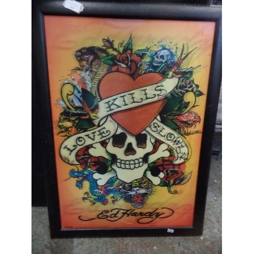 483 - ED HARDY 3-D SKULL PICTURE, WITH THE WORDING 'LOVE KILLS SLOWLY'