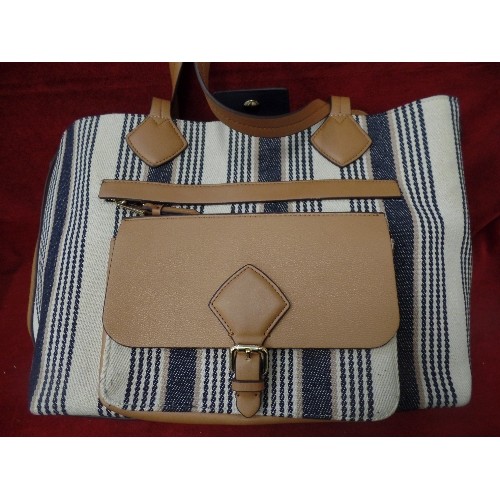 486 - LARGE 'JASPER CONRAN' STYLE TOTE BAG. NAVY/CREAM STRIPE FABRIC.