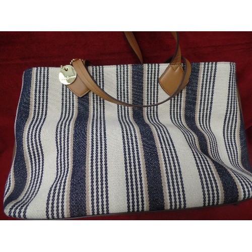 486 - LARGE 'JASPER CONRAN' STYLE TOTE BAG. NAVY/CREAM STRIPE FABRIC.