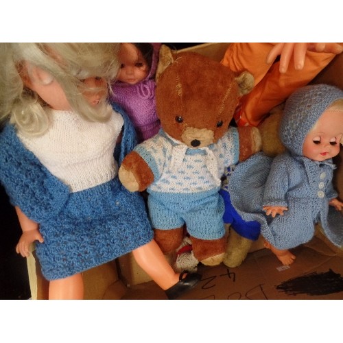 491 - BOX OF VINTAGE DOLLS. 1960'S PALITOY, TEDDY-BEARS [1940'S] LARGE PALITOY DOLL WITH BATTERY, COMPLETE... 