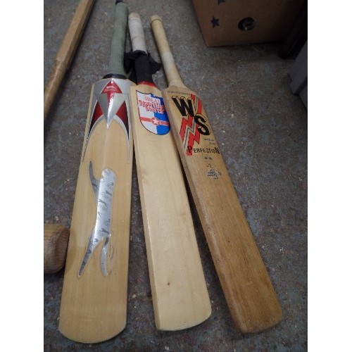 500 - 3 CRICKET BATS, SLAZENGER, WARSOP STEBBING, AND IDEAL SPORTING STARS. ALSO A CROQUET HAMMER.