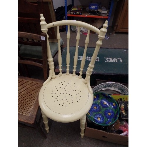 510 - 2 X VINTAGE CHAIRS. AN EDEWARDIAN RATTAN-SEATED BEDROOM CHAIR. THE OTHER IS CREAM  PAINTED VICTORIAN... 