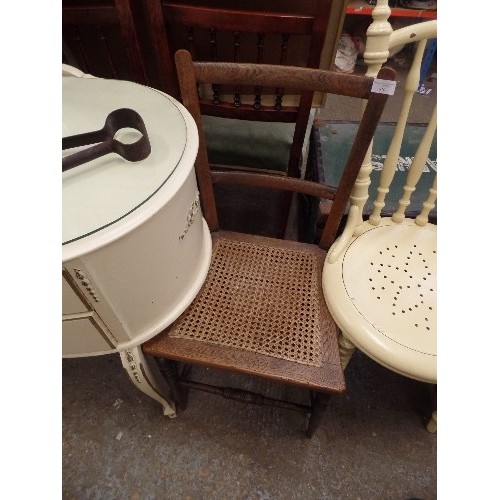 510 - 2 X VINTAGE CHAIRS. AN EDEWARDIAN RATTAN-SEATED BEDROOM CHAIR. THE OTHER IS CREAM  PAINTED VICTORIAN... 