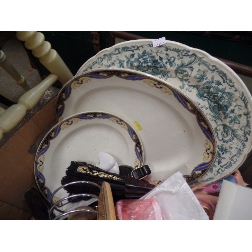 511 - LARGE BOX OF MIXED ITEMS. INC VINTAGE MEAT PLATES, ROYAL DOULTON PANSIE PLATES, MOISTURISING SOCKS, ... 