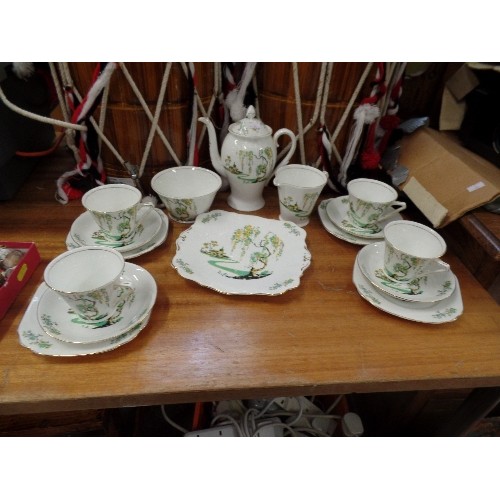 516 - VINTAGE TEA SET. ART DECO ORIENTAL SCENES. TEAPOT, MILK & SUGAR, 4 X TRIOS.