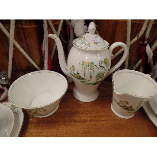 516 - VINTAGE TEA SET. ART DECO ORIENTAL SCENES. TEAPOT, MILK & SUGAR, 4 X TRIOS.