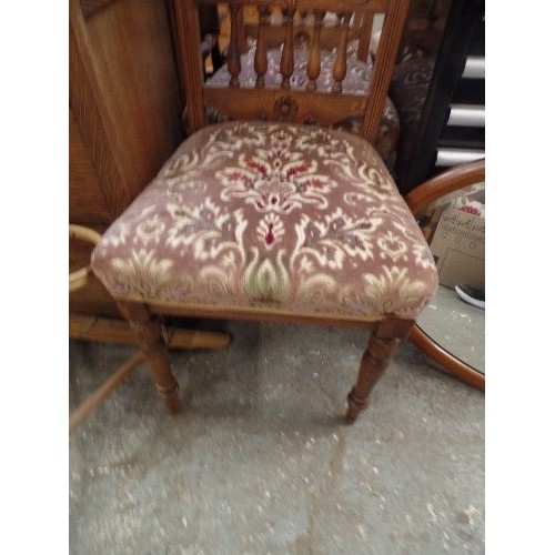 528 - SET OF 3 EDWARDIAN OAK DINING CHAIRS, WITH UPHOLSTERED SEATS. CARVED FLOWER MOTIF, AND SHORT SPINDLE... 