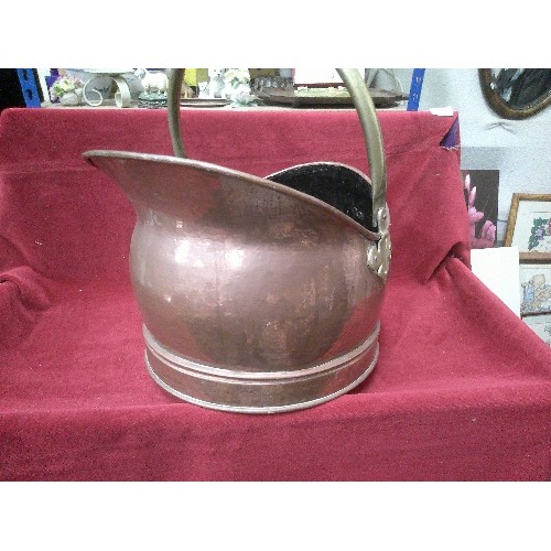 545 - COPPER COAL SCUTTLE, WITH BRASS HANDLES.