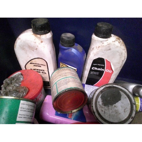 608 - BOX OF GARAGE ITEMS. CHAIN OIL, GREASE, CORROSION INHIBITOR, 2-STROKE ENGINE OIL ETC.