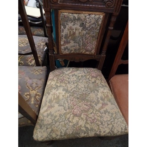 581 - EDWARDIAN OAK FRAMED CHAIR. UPHOLSTERED IN TAPESTRY FABRIC. WITH FRONT CASTERS. ALSO AN EDWARDIAN MA... 