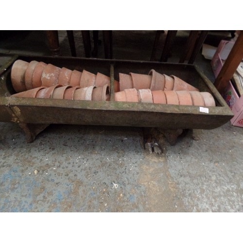 584 - VINTAGE PIG TROUGH. 2 FT LONG, AND QUANTITY OF VINTAGE TERACOTTA PLANT POTS.