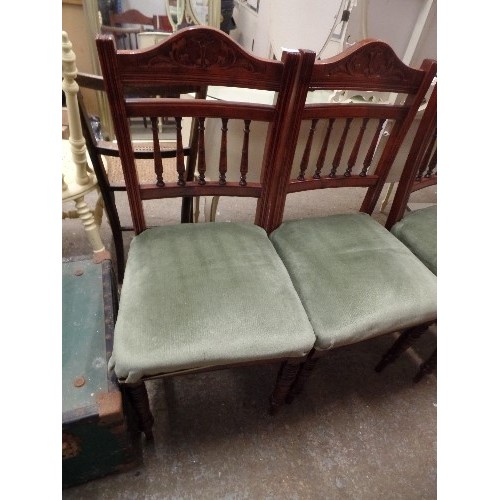 592 - 3 X EDWARDIAN MAHOGANY DINING CHAIRS. UPHOLSTERED IN OLIVE GREEN DRALON.