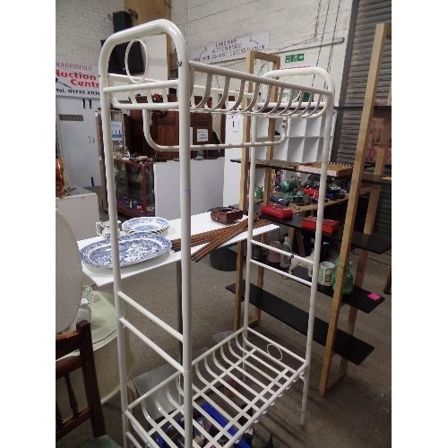 594 - TALL COAT AND SHOE RACK. CREAM PAINTED TUBULAR METAL.