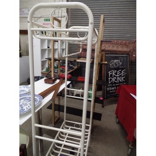 594 - TALL COAT AND SHOE RACK. CREAM PAINTED TUBULAR METAL.