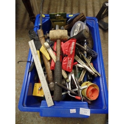 595 - GOOD HEAVY BOX, WITH LARGE QUANTITY OF TOOLS. CROW BARS, MOLE GRIPS, HAMMERS ETC ETC.