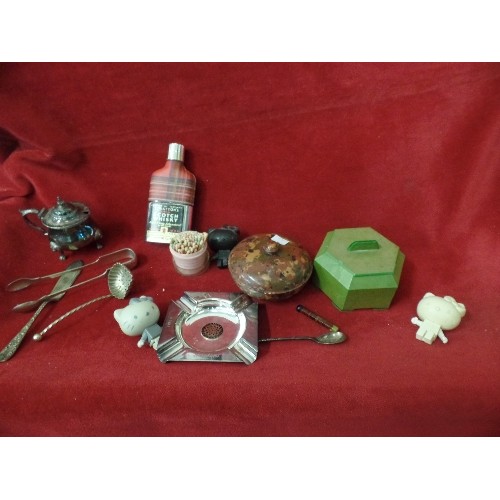 377 - VINTAGE BITS 'N' BOBS, INC BAKELITE LIDDED DISHES, SUGAR NIPS, SPOONS, STRATTON SCOTCH WHISKEY MINIA... 