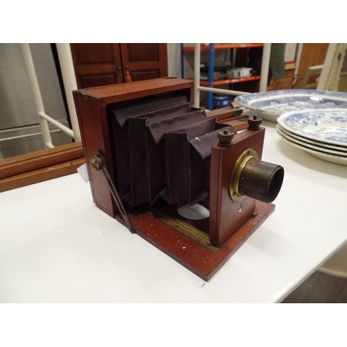 504 - VINTAGE FULL PLATE TAILBOARD CAMERA, WITH TRIPOD.