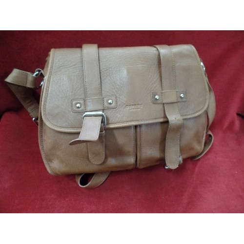 84 - LARGE TAN 'OSPREY' SATCHEL BAG, WITH BUCKLES AND MULTI POCKETS.