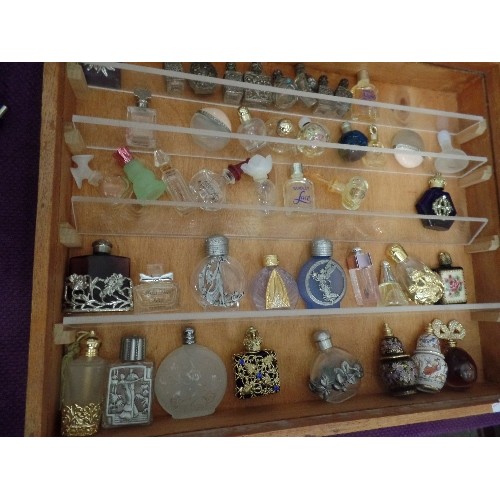 75 - APPROX 45 X MINIATURE PERFUME BOTTLES, DISPLAYED IN A WOODEN/PERSPEX CABINET.