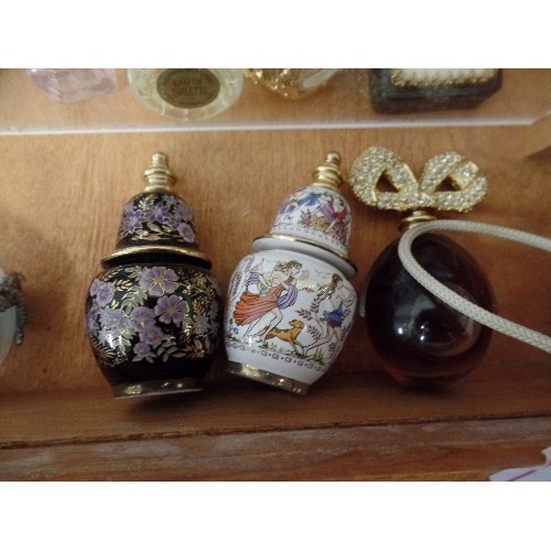 75 - APPROX 45 X MINIATURE PERFUME BOTTLES, DISPLAYED IN A WOODEN/PERSPEX CABINET.