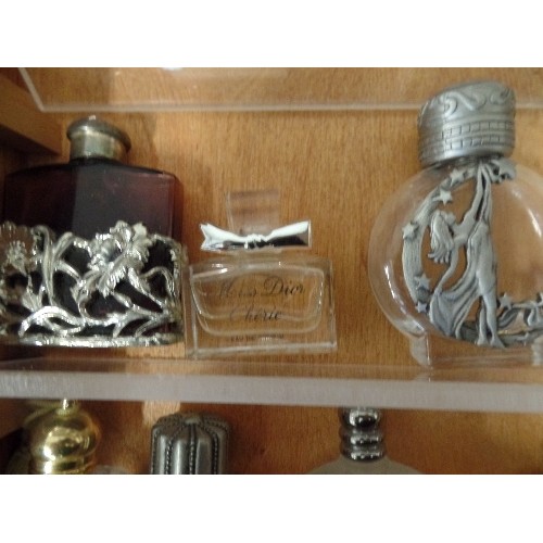 75 - APPROX 45 X MINIATURE PERFUME BOTTLES, DISPLAYED IN A WOODEN/PERSPEX CABINET.