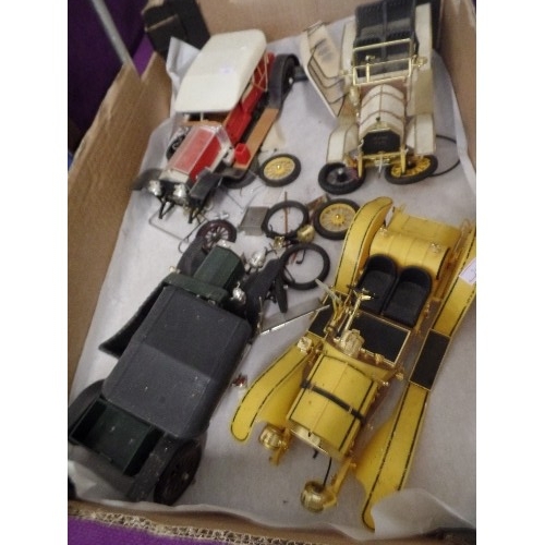 99 - 4 X MODEL KIT CARS, MISSING THE ODD PART OR WHEEL, ALL OF WHICH ARE IN THE BOX, AND JUST NEED RE-ATT... 