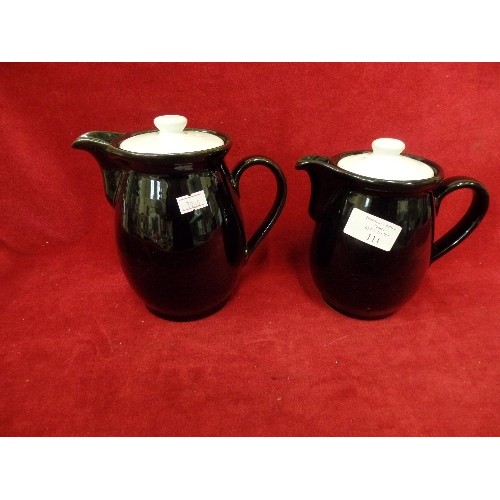 111 - DENBY WARE. 2 X LIDDED MONOCROME JUGS/COFFEE POTS. 1 PINT, AND 1.5 PINT. BLACK WITH WHITE LIDS.